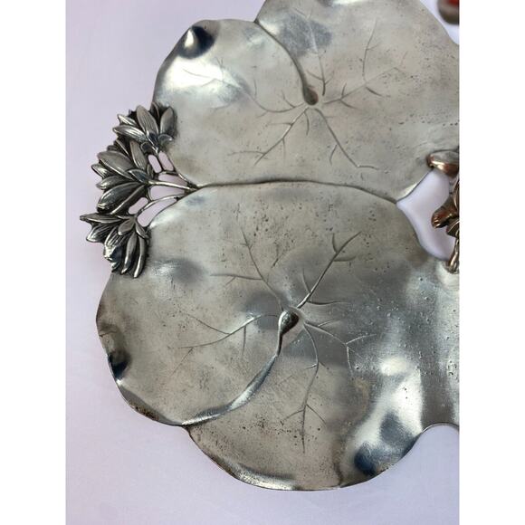 Antique Art Nouveau Pewter Fairy with Dove Lily Pads Sculpture Centerpiece Tray - Picture 5 of 12